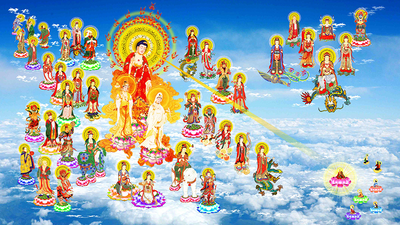 Amitabha and his retinue focus on a chanting practitioner
