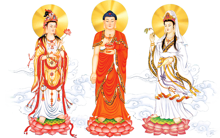 Amitabha Buddha flanked by Avalokitesvara (Guanyin) on the right and Mahasthamaprapta (Dashizhi) on the left