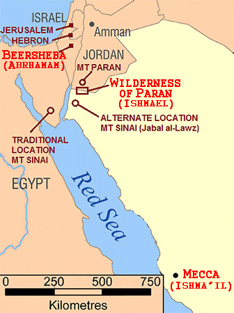 Map showing Jewish and Islamic locations for Ishmael