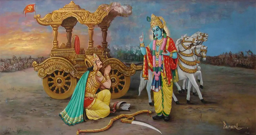 Bhagavad Gita: Arjuna praying to Krishna in front of the chariot