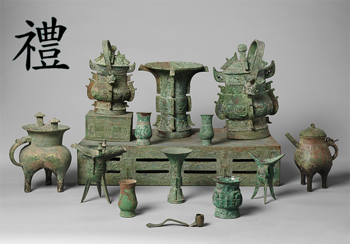 Ancient Chinese altar with bronze ritual vessels