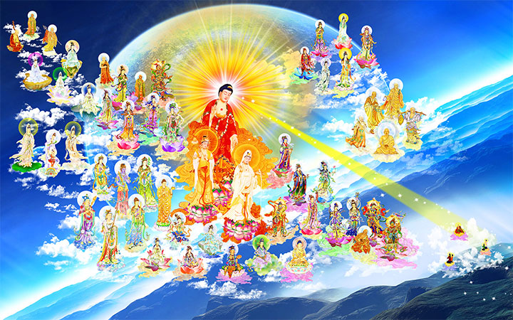 Amitabha, the Pure Land Buddha, responding to worshiper