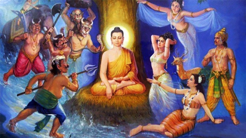 Buddha touches the earth to ask the earth to attest to his victory over Mara