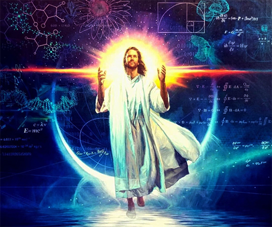 Jesus floating above the water with computer and scientific icons all around