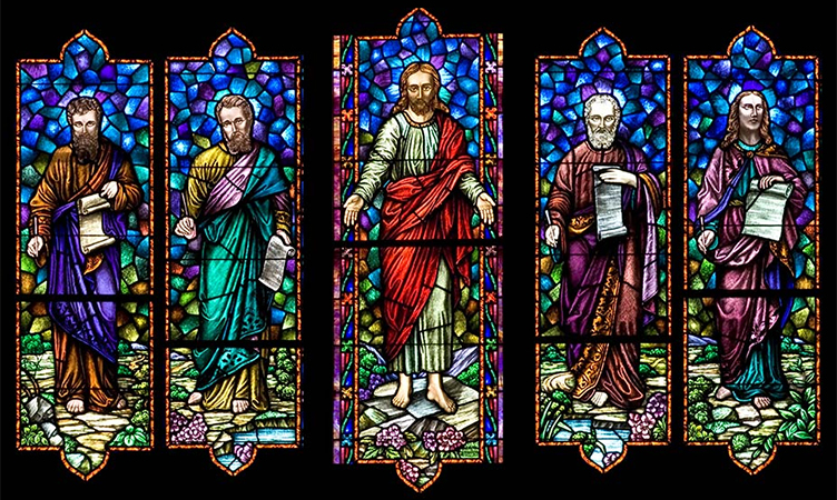 Stained Glass image of Jesus with Gospel Authors Matthew, Mark, Luke and John