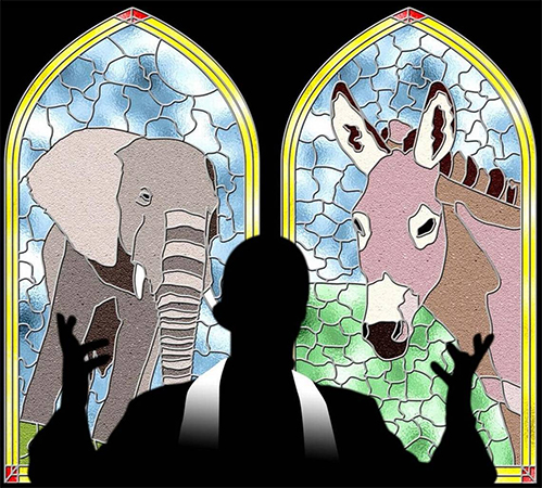 Preacher with stained glass images of an elephant and a donkey (representing the Republican and Democratice Parties)