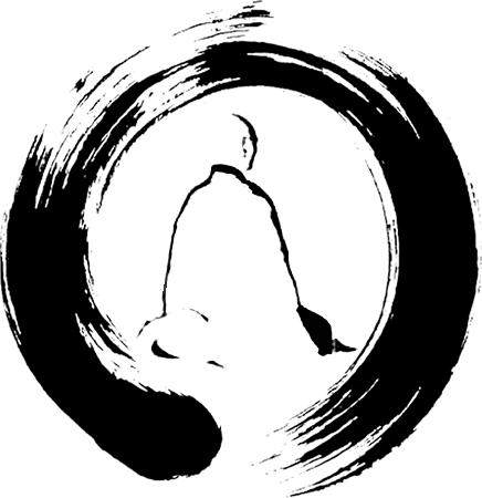 Monk practicing "zazen" (seated meditation) in a large enso (Zen circle painting)