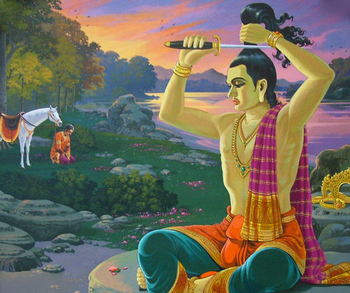 The Great Renunciation: Siddhartha cuts his hear and leaves his family to pursue the life of a religious mendicant