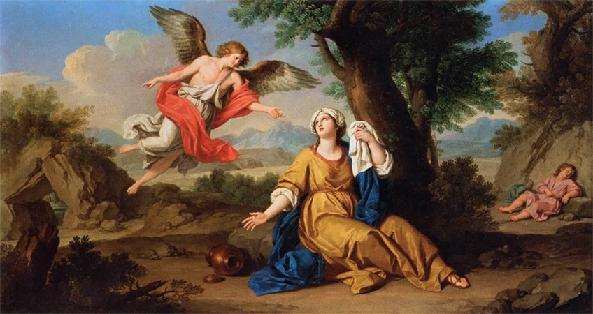 An angel comes to save Hagar and Ishmael in the desert