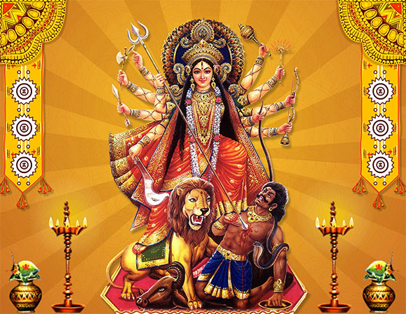 The Goddess Durga riding a lion and slaying the Buffalo Demon