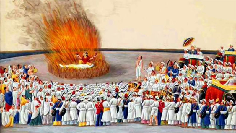 Wife committing sati on her husband's funeral pyre