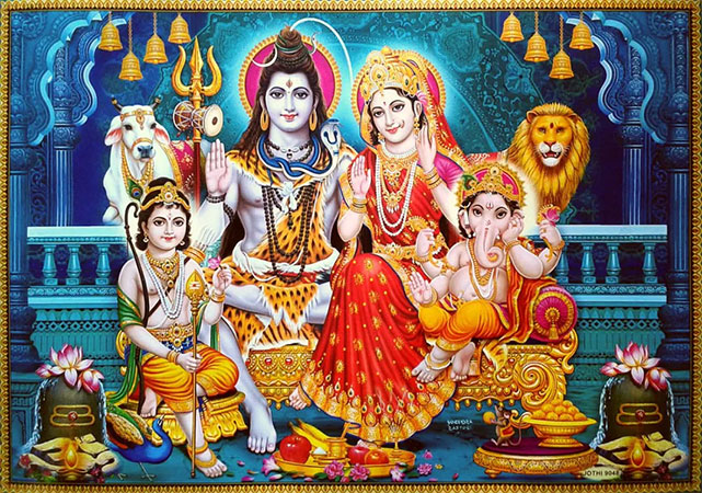 Shiva with his consort Parvati and his two children, Ganesh and Kartik, as well as his bull Nandi