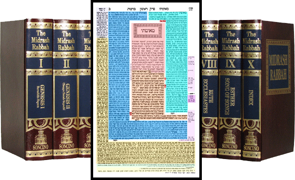 Midrash (interpretations of Torah) with a page of the Talmud (commentary on the "Oral Torah") in front