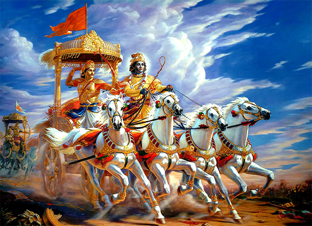 Krishna and Arjuna on the attack in the Bhagavad Gita