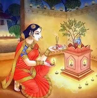 Woman making an offering to Krishna
