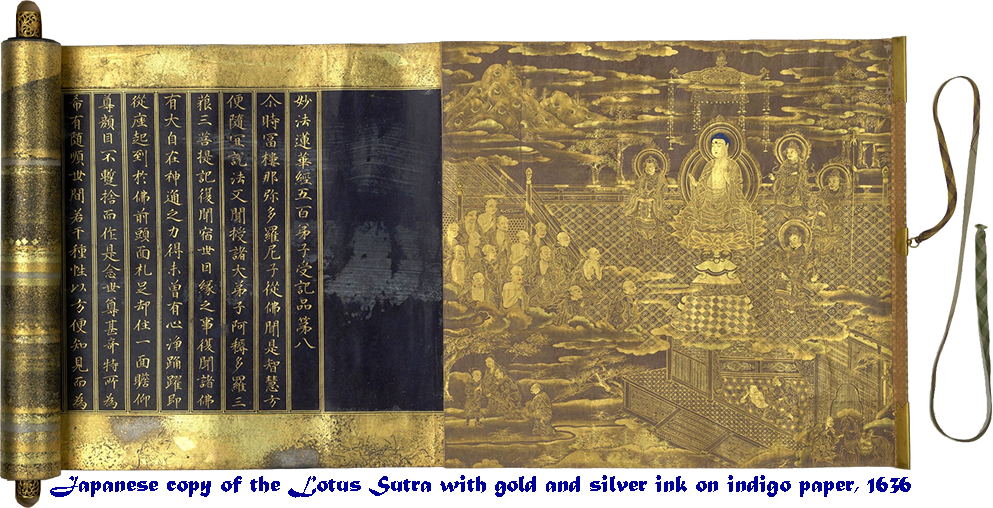 Japanese copy of the Lotus Sutra in gold and silver ink on indigo-dyed paper, 1636