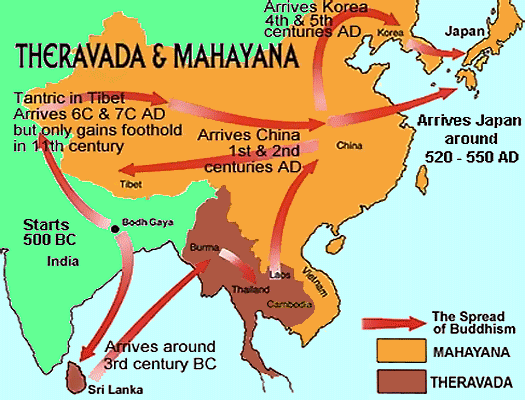 Map of Theravada and Mahayana Buddhiam