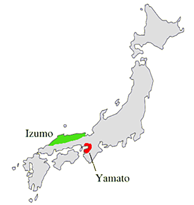 Map showing the ancient locations of Yamato and Izumo