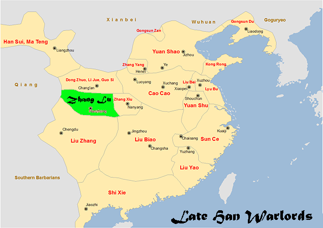Map showing Zhang Lu's territory in the Late Han Dynasty
