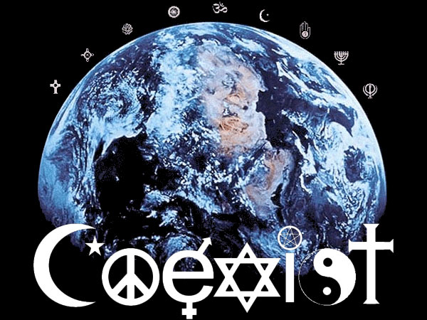 Earth surrounded by religious icons and the word "Coexist" at the bottom